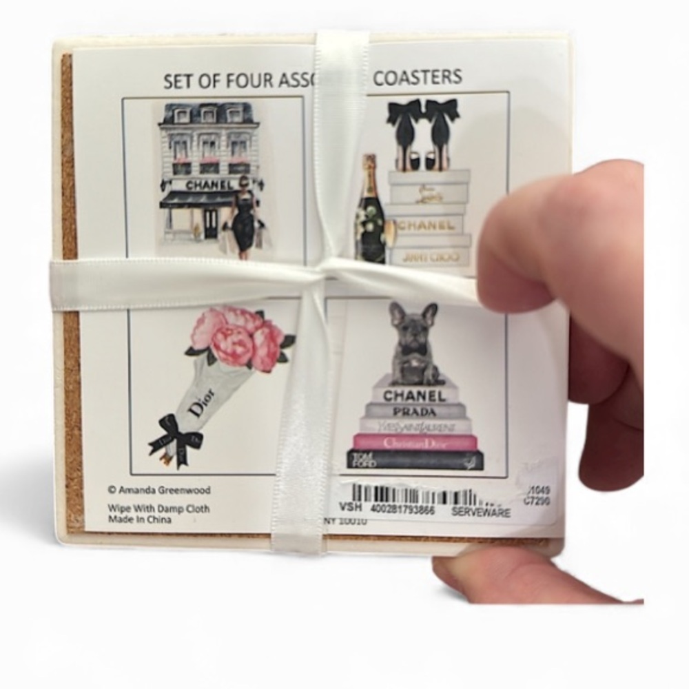 Amanda Greenwood licensed coasters set of 4 Chanel Dior Prada Tom Ford YSL NWT